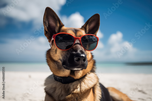 dog in sunglasses resting , AI © yurakrasil