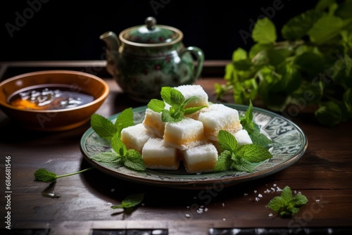 A detailed view of Banh khoai mi, a Vietnamese coconut and tapioca cake, served with a warm cup of tea photo