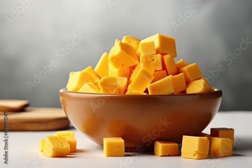 Bowl with pieces of tasty cheddar cheese on light photo