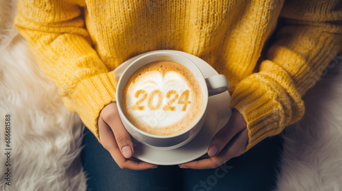 Happy New Year 2024 female hands holding coffee mug on frothy surface of cappuccino served number 2024 in white coffee mug. new year new you. (top view), generative ai photo
