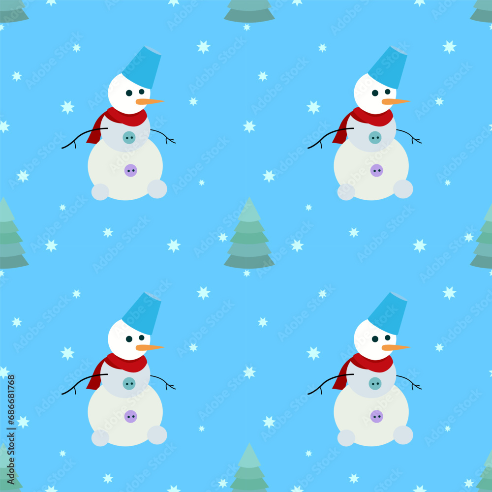 Christmas pattern with snowmen and fir trees