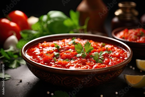 Bowl with tasty tomato sauce on table closeup