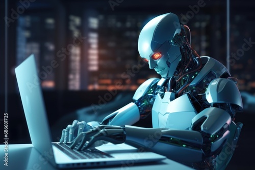 A robot is seen typing on a laptop computer. This image can be used to illustrate technology, artificial intelligence, robotics, or automation in various industries