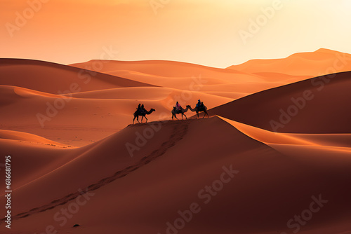 Camel caravan in the Sahara desert at sunset