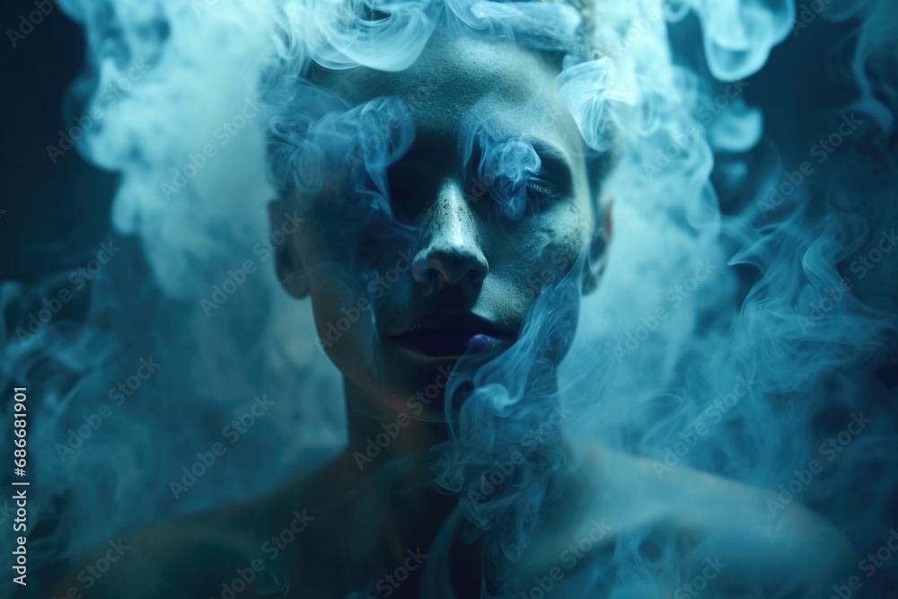 A woman with white makeup on her face is depicted in this image, with smoke covering her face. This picture can be used to create a mysterious or dramatic atmosphere in various projects A woman with white makeup on her face is depicted in this image, with smoke covering her face. This picture can be used to create a mysterious or dramatic atmosphere in various projects