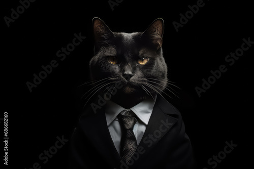 Black cat in business suit on black background, photo