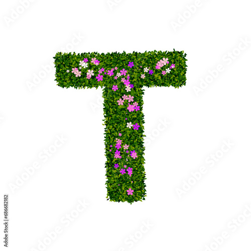 Letter t with leaves and flowers. Transparent png 