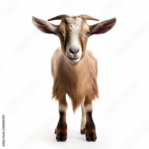 Frontal view of a goat, isolated, white background, ai technology