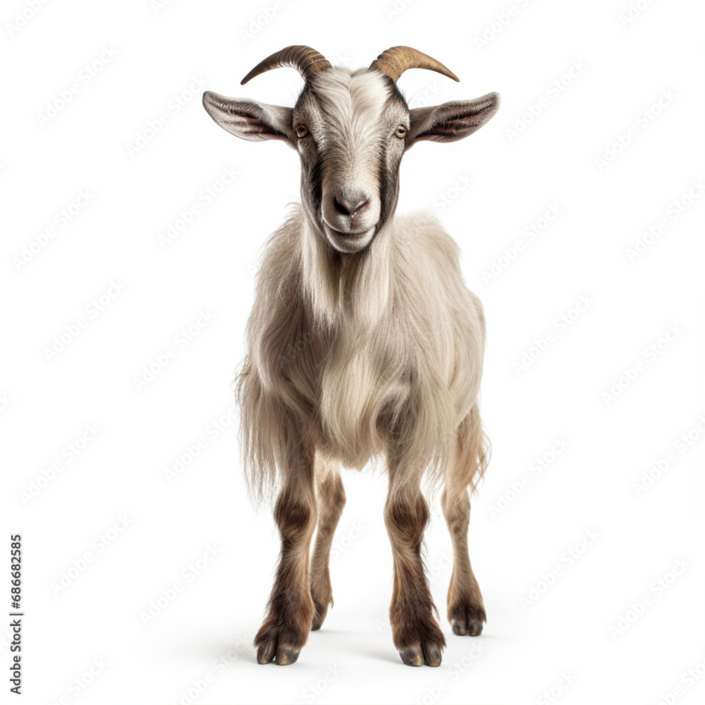 Frontal view of a goat, isolated, white background, ai technology