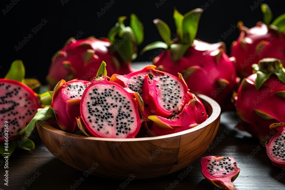 A beautifully sliced dragonfruit showcasing its distinctive white and black interior, placed on a weathered wooden surface A beautifully sliced dragonfruit showcasing its distinctive white and black interior, placed on a weathered wooden surface