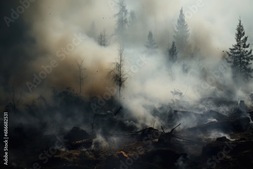 A dense forest filled with thick smoke and towering trees. Perfect for creating an eerie, mysterious atmosphere. Ideal for use in horror or suspense-themed projects