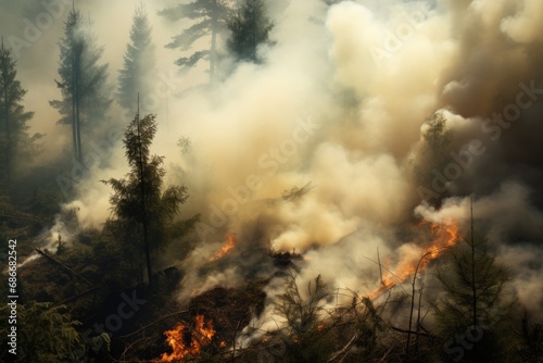 A devastating forest fire raging in the heart of a dense forest. This image can be used to depict the destructive power of wildfires and raise awareness about the importance of fire prevention