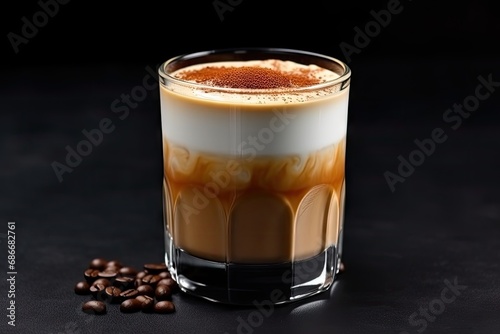 Dalgona frothy coffee in glass on grey