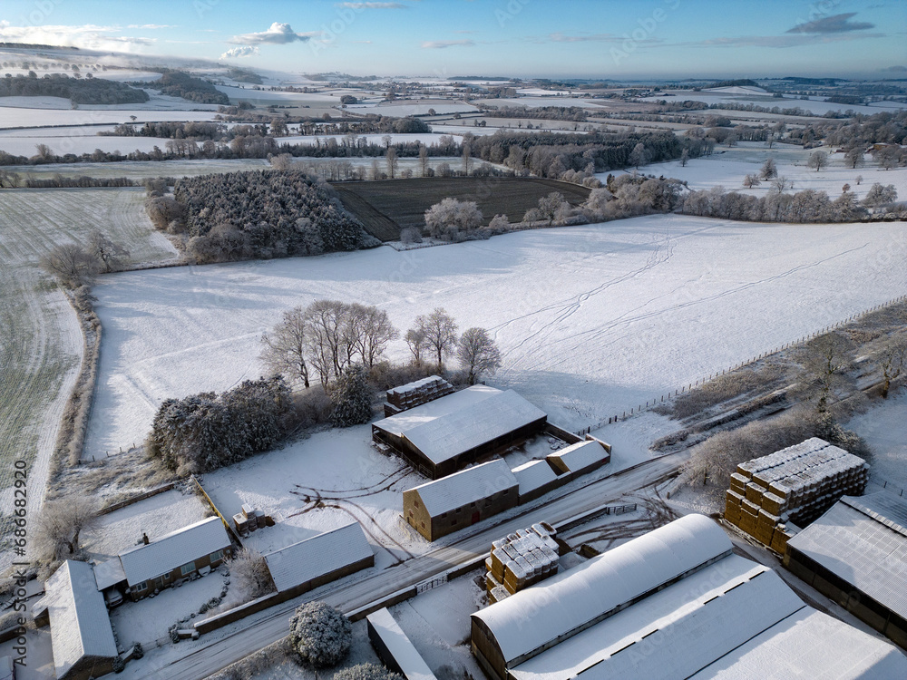 Winter Landscape - Aerial view of a snow covered agricultural landscape in North Yorkshire in the United Kingdom. - obrazy, fototapety, plakaty 