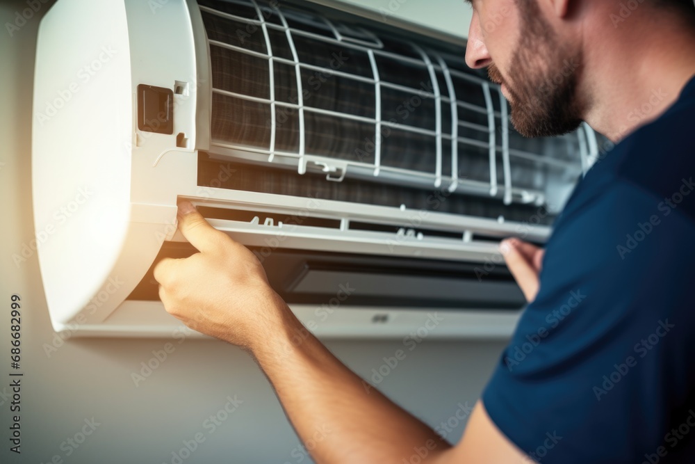 A man is seen fixing a window air conditioner. This image can be used to depict home maintenance, repair services, or DIY projects