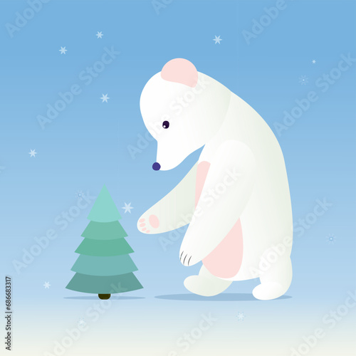 Polar bear and Christmas tree. Holiday card