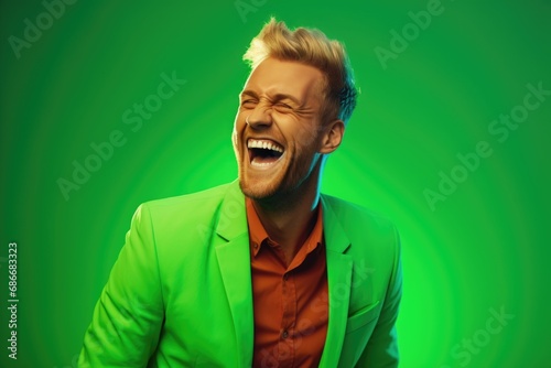 A man wearing a green jacket is captured in a moment of laughter. This image can be used to depict joy  happiness  or a sense of humor in various contexts