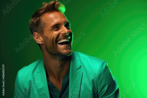 A picture of a man with a warm smile wearing a green suit and black shirt. This image can be used to represent confidence, professionalism, or a stylish look for various contexts