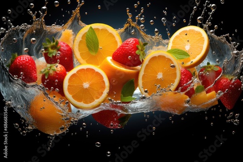 Flying splashes drops of juice slices of orange and strawberry