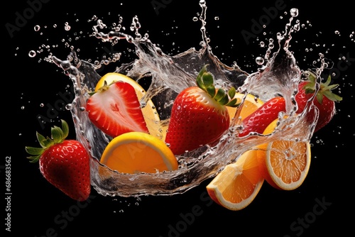 Flying splashes drops of juice slices of orange and strawberry