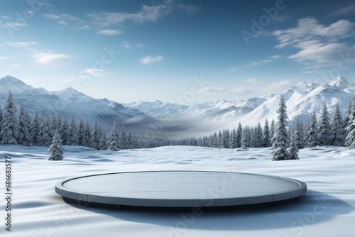 Wooden tabletop with round board and blurred winter scene. Background for display or montage your products.  © muratefe