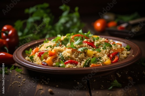 A nutritious bowl of quinoa served with a variety of fresh vegetables and herbs on a vintage wooden table
