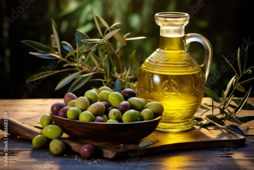 Extra virgin olive oil in an antique bottle, surrounded by freshly harvested olives and an olive tree branch in a classic Mediterranean kitchen