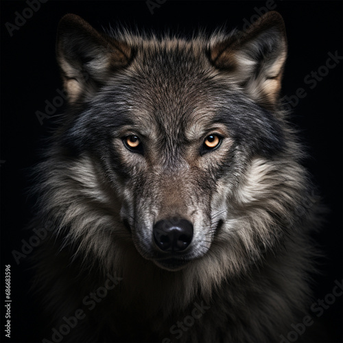Wolf on black background closeup, ai technology
