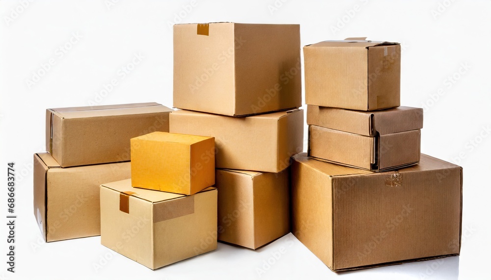 Various cardboard boxes for shipping, isolated, white background, mockup Various cardboard boxes for shipping, isolated, white background, mockup