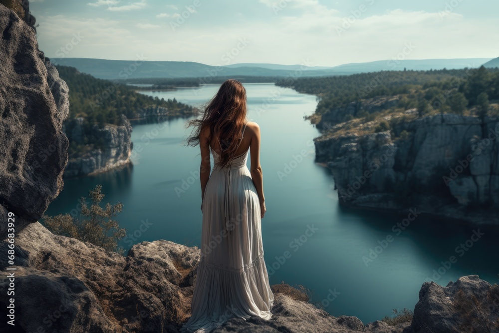 Woman on a cliff with a huge lake in the background - obrazy, fototapety, plakaty 