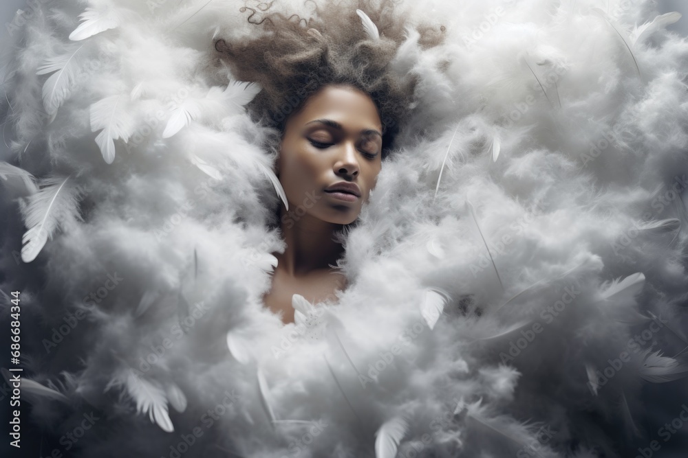 A woman is depicted in the image, surrounded by white feathers. This picture can be used to create a dreamy or ethereal atmosphere in various projects