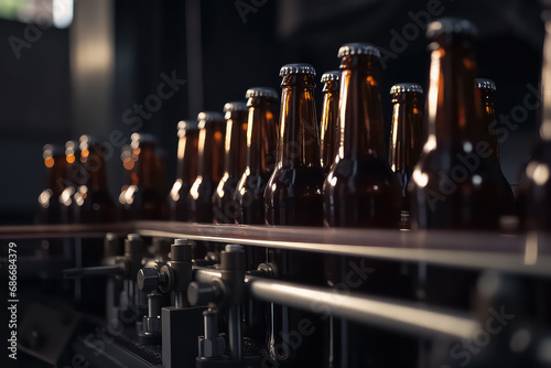 Concept brewery plant production line  Glass bottles of beer on dark background with sun light.