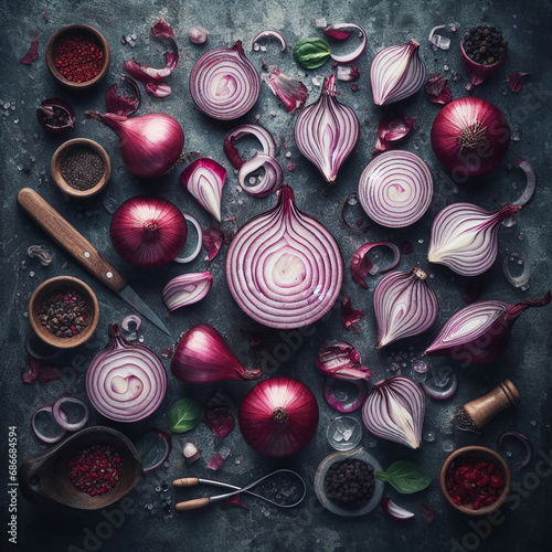 Fresh red onions on black background. Top view. Free copy space. Generative AI.