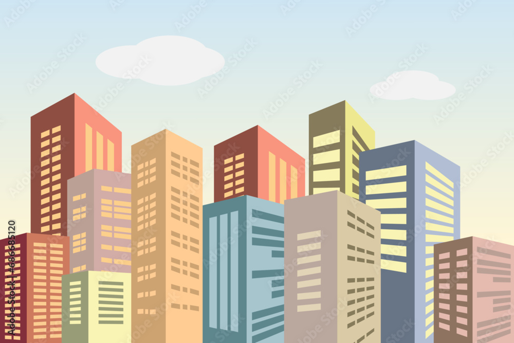 City skyline with colorful tall buildings. Colorful city. Vector illustration.