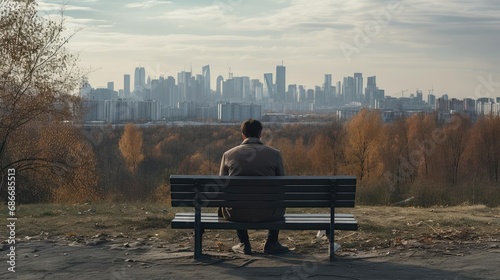 Lonely man sitting in park on bench