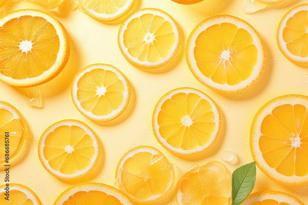 Orange slices and ice cubes with sparkling juice