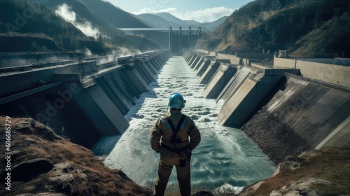 An engineer stands in front of a dam photo