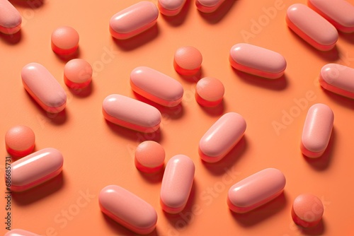 Orange pills scattered on pink surface hard light