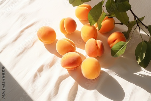 Organic ripe apricots under sun shadows on the white