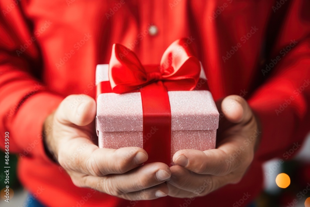 hands holding a present box with a red bow for Christmas