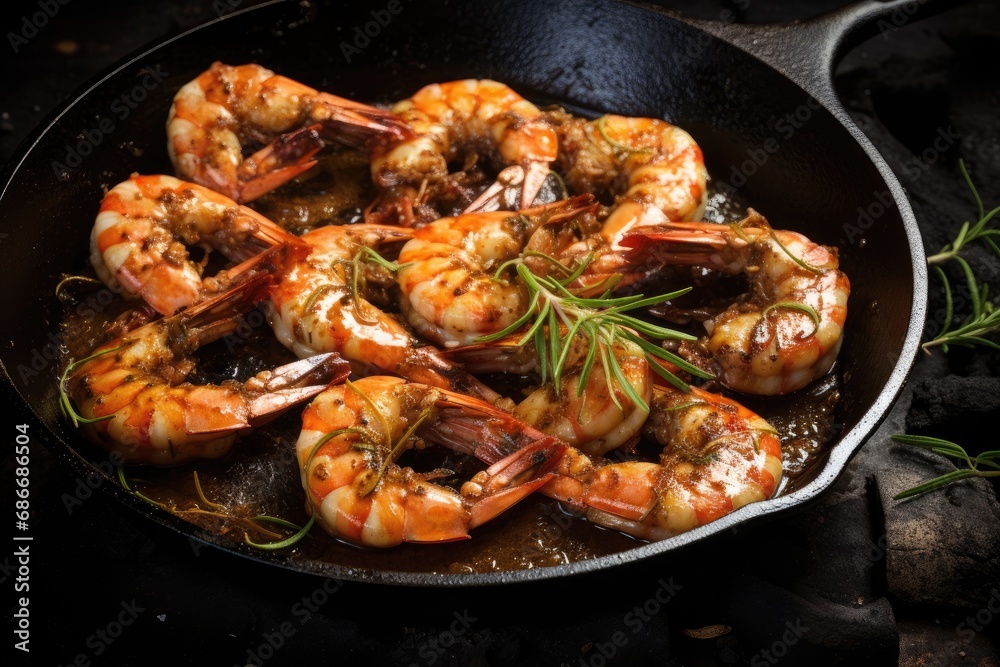 Salt-grilled raw shrimp in an iron pan Salt-grilled raw shrimp in an iron pan