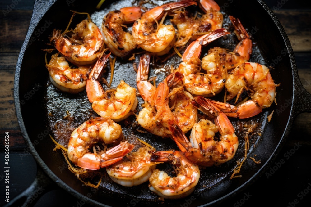 Salt-grilled raw shrimp in an iron pan Salt-grilled raw shrimp in an iron pan