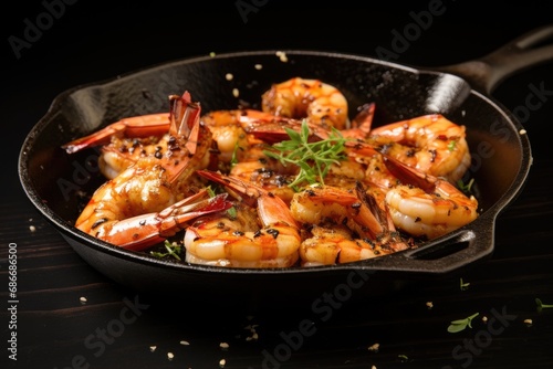 Salt-grilled raw shrimp in an iron pan