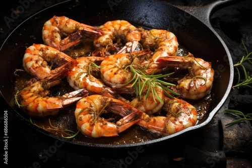 Salt-grilled raw shrimp in an iron pan