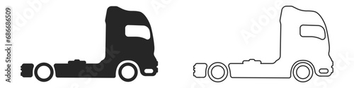 Black truck set of two icons. Outline of a tractor vector. Freight transport vehicle logo. Goods delivery. A wagon for a trucker. Vector illustration.