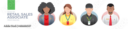 Retail sales Associate worker picture avatar icons. Illustration of men and women wearing office clothes