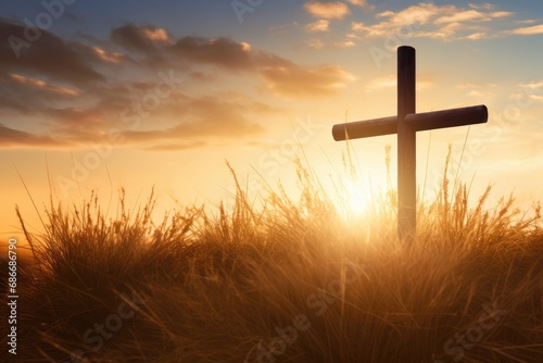 Silhouette christian cross on grass in sunrise background photo