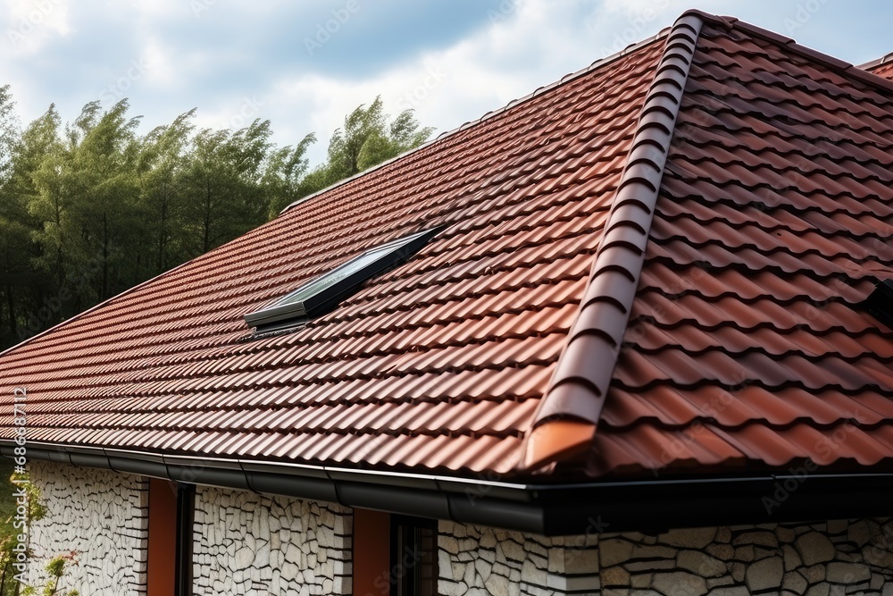 Sloped red clay tile roof with round beaver tail edge
