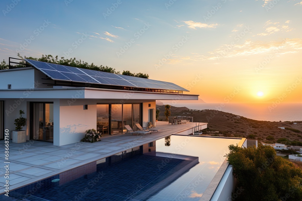Solar panels on the roof of a modern house at dawn