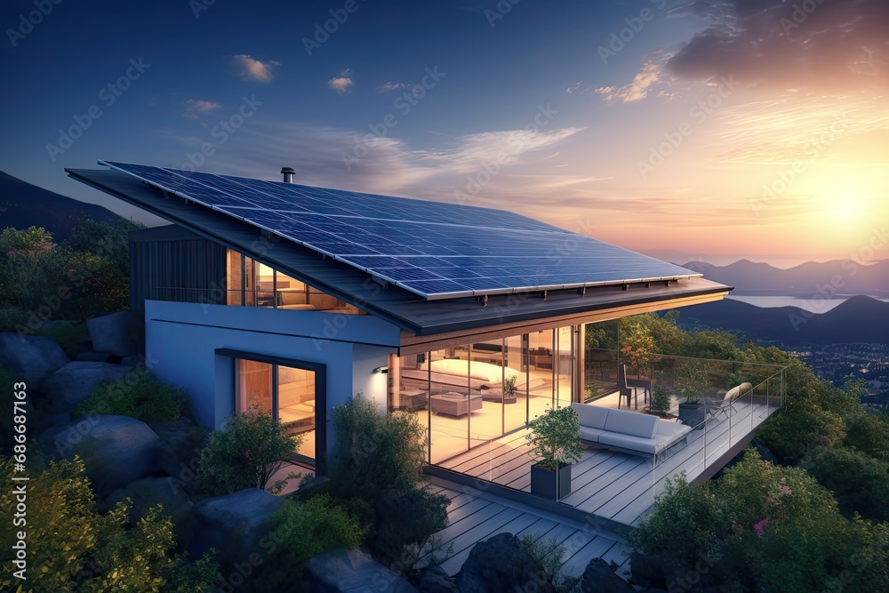 Solar panels on the roof of a modern house at dawn Stock Photo | Adobe ...